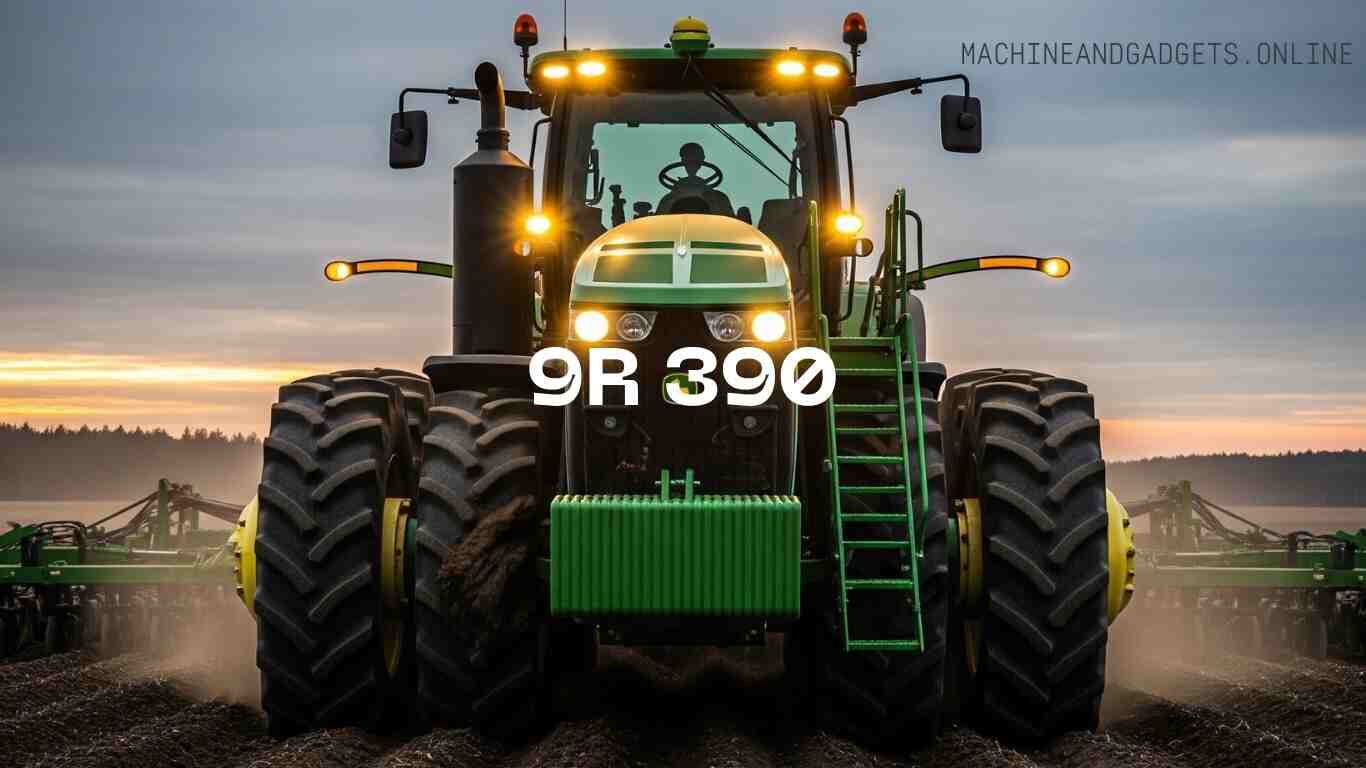 A John Deere 9R 390 tractor with its lights on, working in a freshly tilled field at sunset.