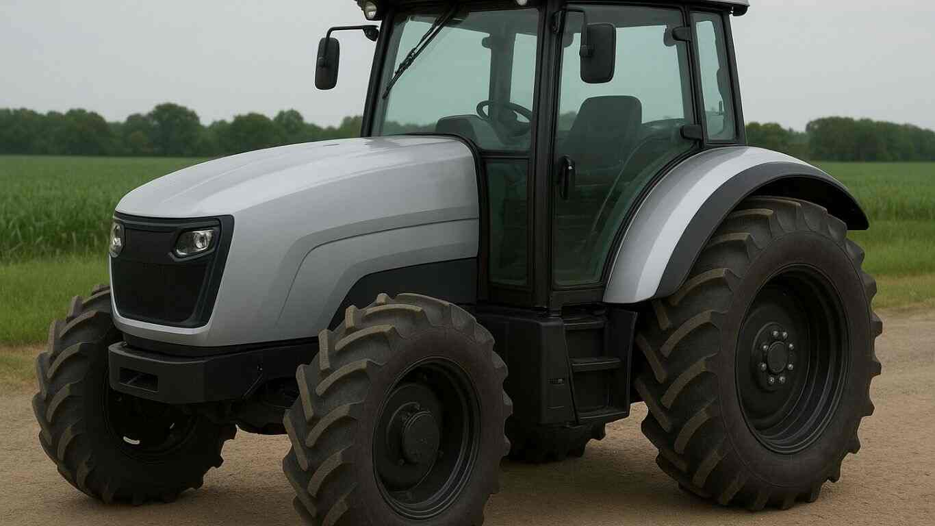 Monarch MK-V electric dairy tractor with a feed pushing blade, operating autonomously in a clean barn with dairy cows in the background.