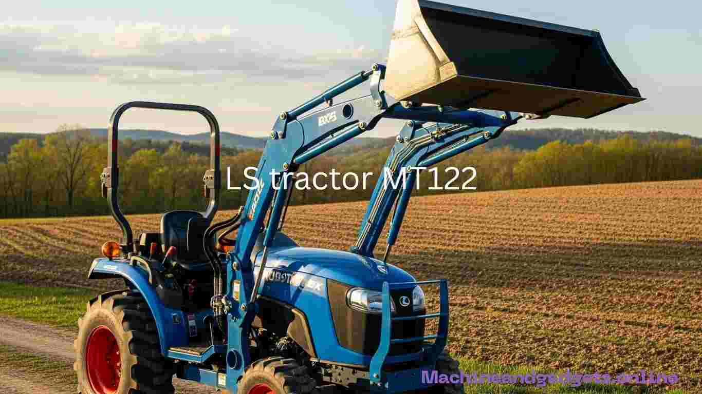 A side view of a vibrant blue LS tractor MT122 with a front-end loader attached, showcasing its compact and rugged design.