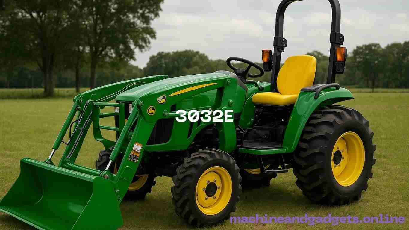 John Deere 3032E compact tractor with a 300E loader, parked on a green hobby farm.